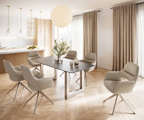 Jídelní stůl Edge 200x100 cm keramika Laminam® Nero Greco šedá, tvar lodi, široký rám z nerezové oceli - Image 6