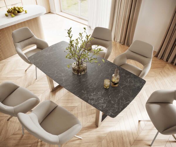 Jídelní stůl Edge 200x100 cm keramika Laminam® Nero Greco šedá, tvar lodi, široký rám z nerezové oceli - Image 4