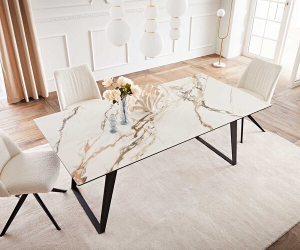 Jídelní stůl Edge keramika Calacatta Luxe bílá-zlatá-šedá 200x100 šikmé nohy kov černý - Image 6