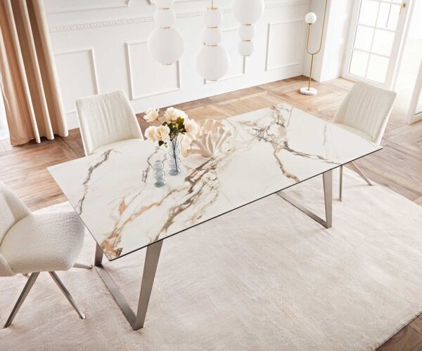 Jídelní stůl Edge keramika Calacatta Luxe bílá-zlatá-šedá 200x100 šikmé nohy nerezová ocel - Image 6