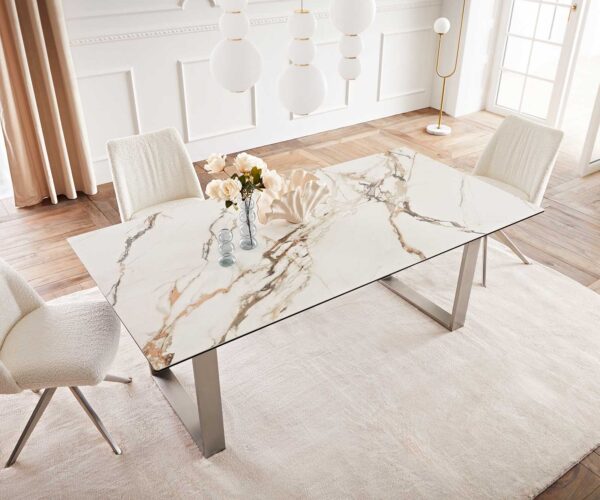 Jídelní stůl Edge keramika Calacatta Luxe bílá-zlatá-šedá 200x100 úzké nohy nerezová ocel - Image 6