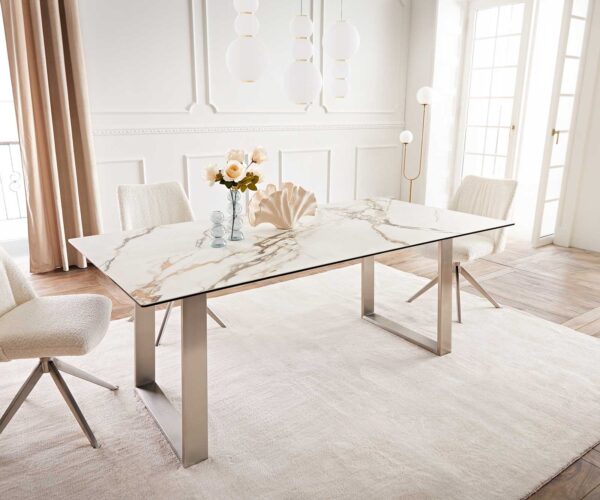 Jídelní stůl Edge keramika Calacatta Luxe bílá-zlatá-šedá 200x100 úzké nohy nerezová ocel - Image 2