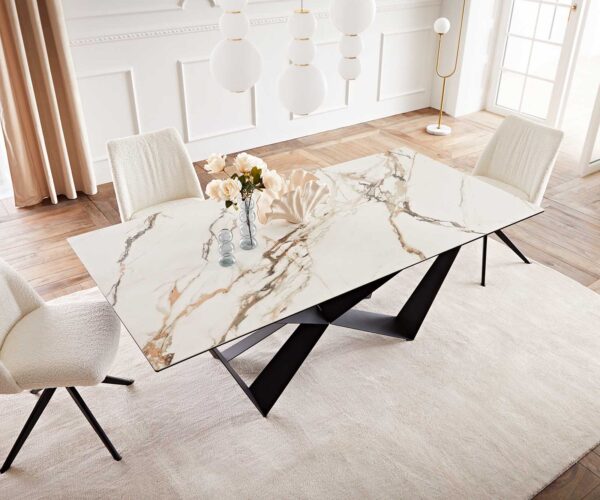 Jídelní stůl Edge keramika Calacatta Luxe bílá-zlatá-šedá 200x100 pavouk plochý kov černý - Image 6