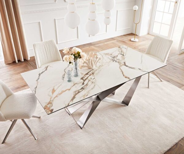 Jídelní stůl Edge keramika Calacatta Luxe bílá-zlatá-šedá 200x100 pavouk plochý nerezová ocel - Image 6