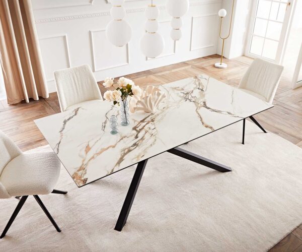 Jídelní stůl Edge keramika Calacatta Luxe bílá-zlatá-šedá 200x100 křížová podnož obdélník kov černý - Image 6