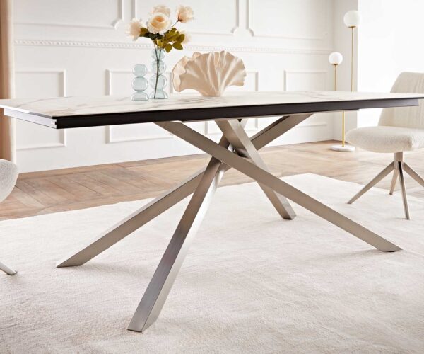 Jídelní stůl Edge keramika Calacatta Luxe bílá-zlatá-šedá 200x100 cm, křížová podnož, obdélník, nerezová ocel - Image 7