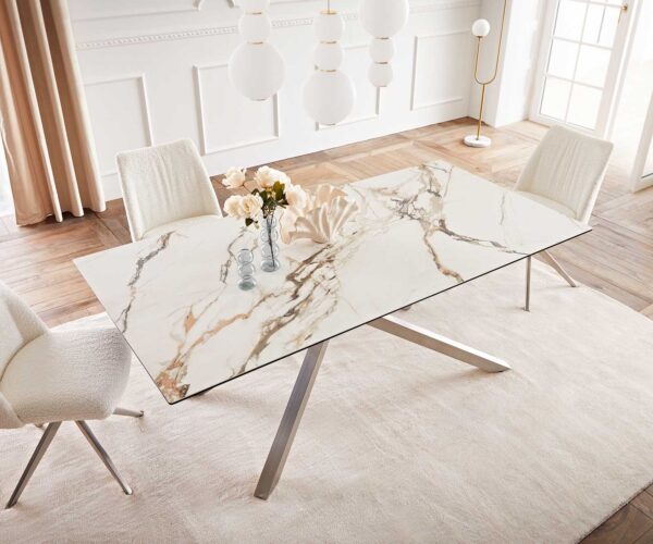 Jídelní stůl Edge keramika Calacatta Luxe bílá-zlatá-šedá 200x100 cm, křížová podnož, obdélník, nerezová ocel - Image 6