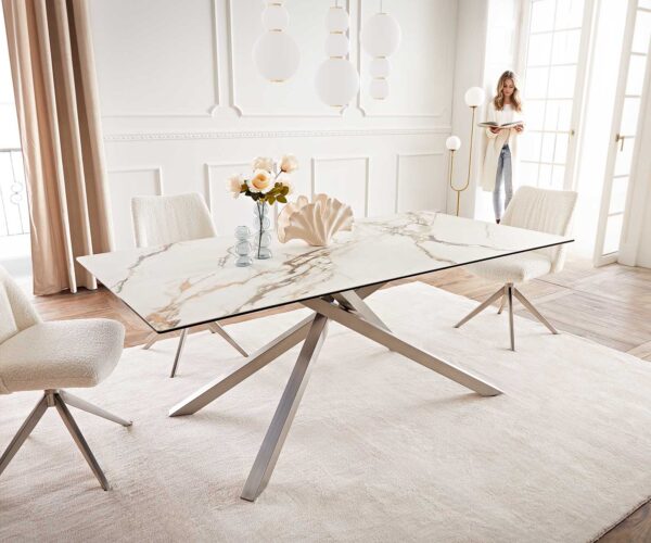 Jídelní stůl Edge keramika Calacatta Luxe bílá-zlatá-šedá 200x100 cm, křížová podnož, obdélník, nerezová ocel - Image 2