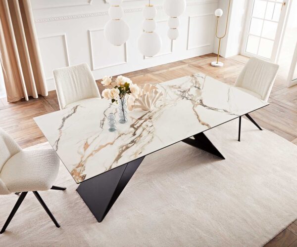 Jídelní stůl Edge keramika Calacatta Luxe bílá-zlatá-šedá 200x100 V-základna plochý kov černý - Image 6