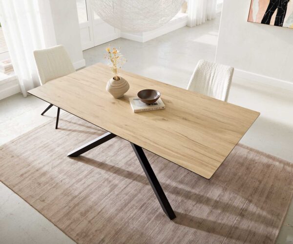Jídelní stůl Edge keramický Laminam® Sabbia dubová barva 200x100 cm, křížová kovová černá podnož, rozkládací - Image 6