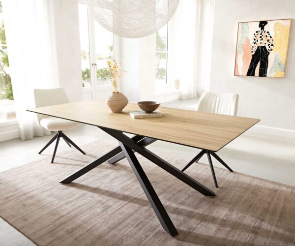 Jídelní stůl Edge keramický Laminam® Sabbia dubová barva 200x100 cm, křížová kovová černá podnož, rozkládací - Image 2