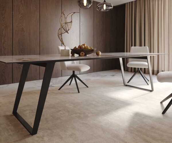 Jídelní stůl Edge keramika Minas Melange bílo-béžová 300x100 nakloněné nohy kov černý - Image 7