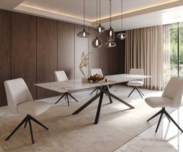 Jídelní stůl Edge keramika Minas Melange bílá-béžová 300x100 cm, křížová podnož, kov černý, obdélníkový - Image 8