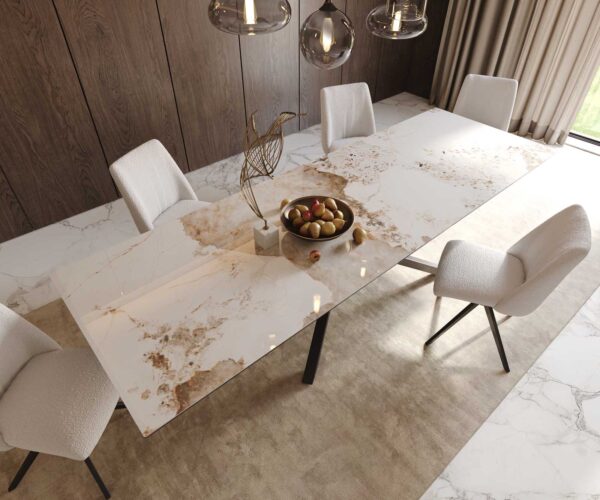 Jídelní stůl Edge keramika Minas Melange bílá-béžová 300x100 cm, křížová podnož, kov černý, obdélníkový - Image 6