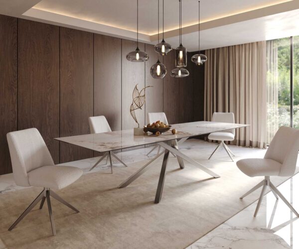 Jídelní stůl Edge keramika Minas Melange bílá-béžová 300x100 cm, křížová podnož, obdélníkový, nerezová ocel - Image 8