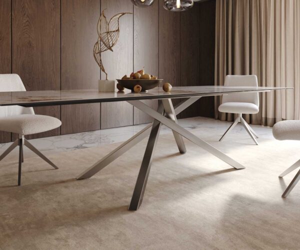 Jídelní stůl Edge keramika Minas Melange bílá-béžová 300x100 cm, křížová podnož, obdélníkový, nerezová ocel - Image 7