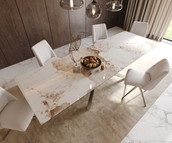 Jídelní stůl Edge keramika Minas Melange bílá-béžová 300x100 cm, křížová podnož, obdélníkový, nerezová ocel - Image 6