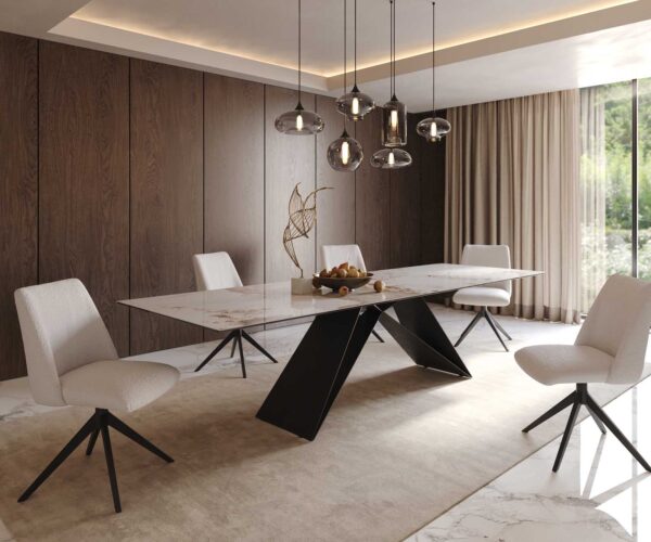Jídelní stůl Edge keramika Minas Melange bílá-béžová 300x100 V-noha plochý kov černý - Image 8