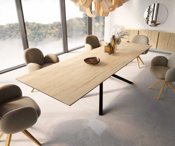 Jídelní stůl Edge keramika Laminam® Sabbia dubová barva 300x100 cm, křížová podnož, kov černý - Image 4