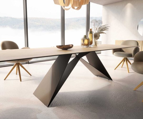 Jídelní stůl Edge keramika Laminam® Sabbia dubová barva 300x100 V-noha plochý kov černý - Image 5