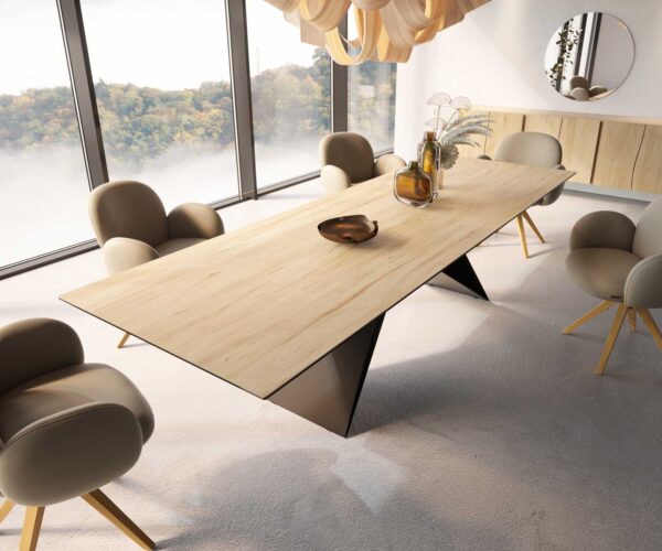 Jídelní stůl Edge keramika Laminam® Sabbia dubová barva 300x100 V-noha plochý kov černý - Image 4