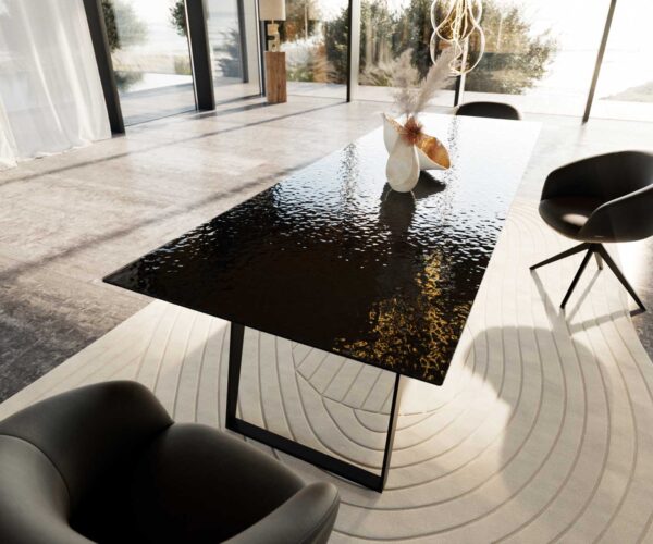 Jídelní stůl Edge reliefní sklo kouřově černé 3D design 300x100 šikmé nohy kov černý - Image 7