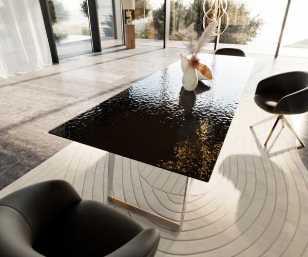 Jídelní stůl Edge reliefní sklo kouřově černé 3D design 300x100 šikmé nohy nerezová ocel - Image 7