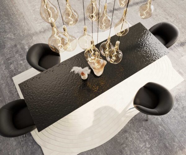 Jídelní stůl Edge reliefní sklo kouřově černé 3D design 300x100 šikmé nohy nerezová ocel - Image 5