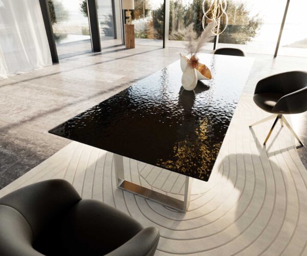 Jídelní stůl Edge reliefní sklo kouřově černé 3D design 300x100 úzké nohy nerezová ocel - Image 7