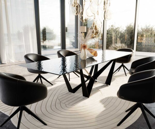Jídelní stůl Edge reliefní sklo kouřově černé 3D design 300x100 pavouk plochý kov černý - Image 9