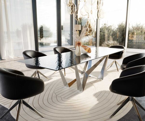 Jídelní stůl Edge reliefní sklo kouřově černé 3D design 300x100 pavouk plochý nerezová ocel - Image 9