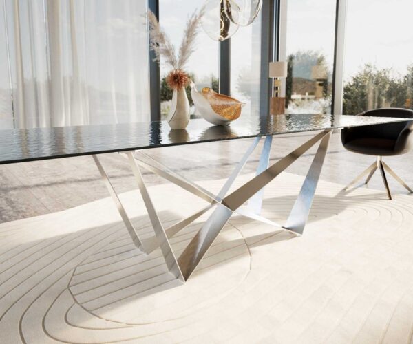 Jídelní stůl Edge reliefní sklo kouřově černé 3D design 300x100 pavouk plochý nerezová ocel - Image 6