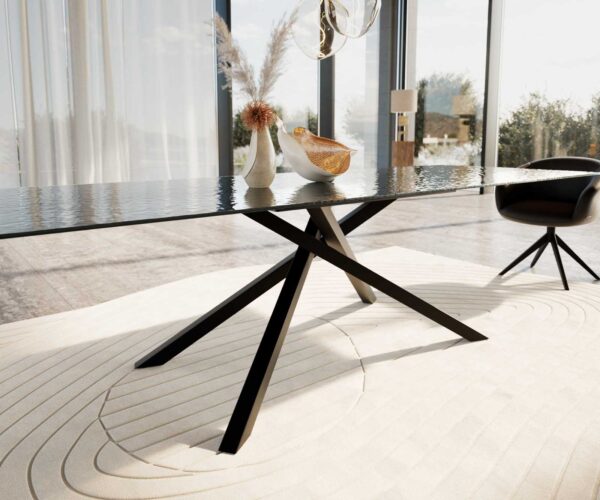 Jídelní stůl Edge reliefní sklo kouřově černé 3D design 300x100 křížová podnož obdélníkový kov černý - Image 6