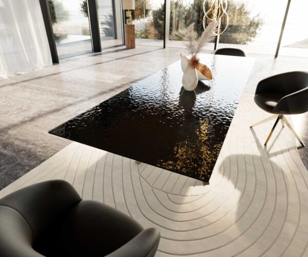 Jídelní stůl Edge reliefní sklo kouřově černé 3D design 300x100 křížová podnož obdélníkový nerezová ocel - Image 7