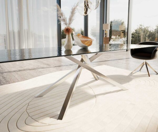 Jídelní stůl Edge reliefní sklo kouřově černé 3D design 300x100 křížová podnož obdélníkový nerezová ocel - Image 6