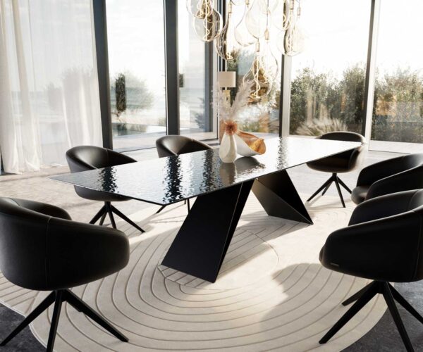 Jídelní stůl Edge reliefové sklo kouřově černé 3D design 300x100 V-noha plochý kov černý - Image 9