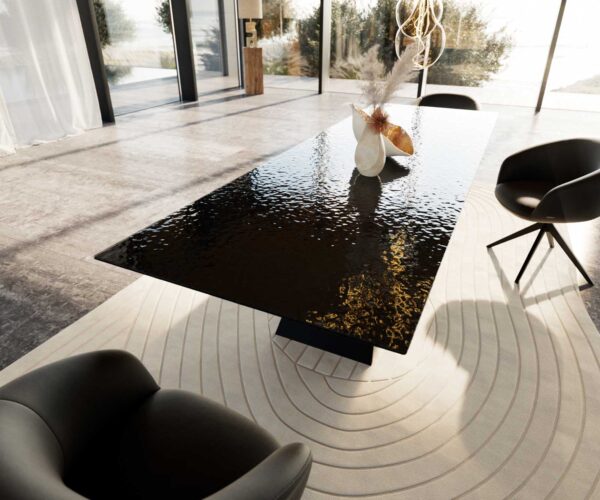 Jídelní stůl Edge reliefové sklo kouřově černé 3D design 300x100 V-noha plochý kov černý - Image 7