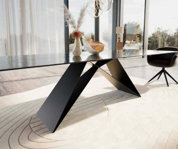 Jídelní stůl Edge reliefové sklo kouřově černé 3D design 300x100 V-noha plochý kov černý - Image 6