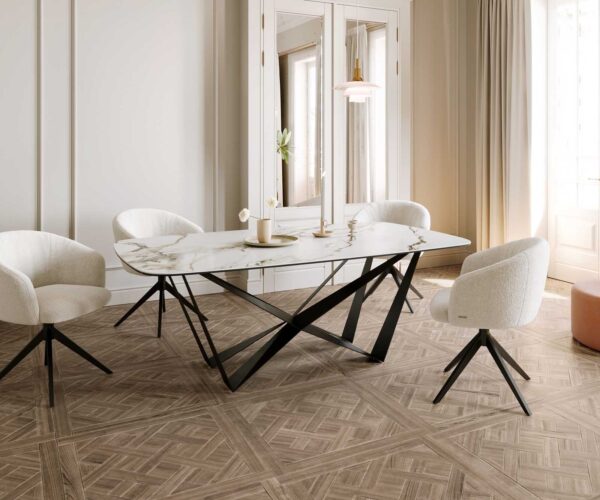 Jídelní stůl Edge lodě tvarovaný keramický Calacatta Luxe bílá-zlatá-šedá 200x100 pavouk plochý kov černý - Image 7