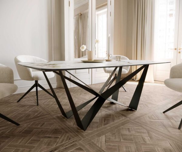 Jídelní stůl Edge lodě tvarovaný keramický Calacatta Luxe bílá-zlatá-šedá 200x100 pavouk plochý kov černý - Image 6