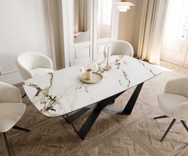 Jídelní stůl Edge lodě tvarovaný keramický Calacatta Luxe bílá-zlatá-šedá 200x100 pavouk plochý kov černý - Image 5