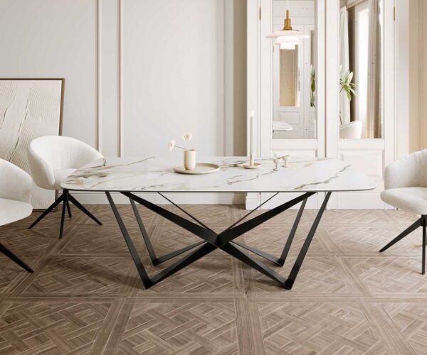 Jídelní stůl Edge lodě tvarovaný keramický Calacatta Luxe bílá-zlatá-šedá 200x100 pavouk plochý kov černý - Image 2
