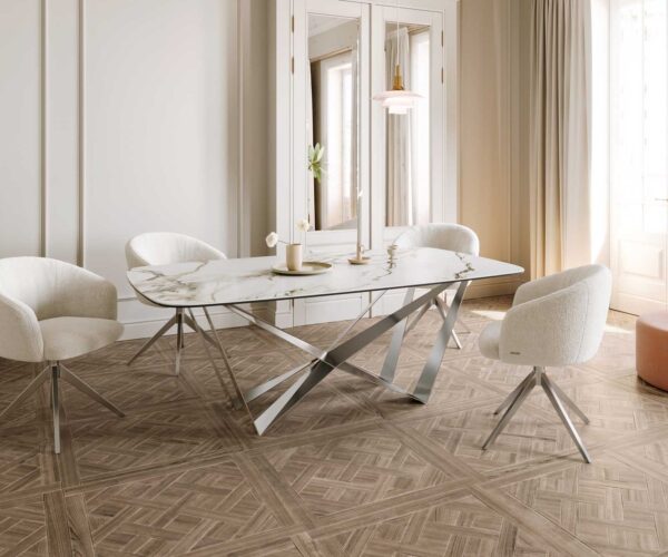 Jídelní stůl Edge lodě tvarovaný keramický Calacatta Luxe bílá-zlatá-šedá 200x100 spider plochý nerezový ocelový - Image 7