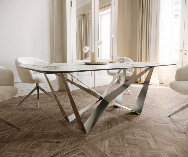 Jídelní stůl Edge lodě tvarovaný keramický Calacatta Luxe bílá-zlatá-šedá 200x100 spider plochý nerezový ocelový - Image 6