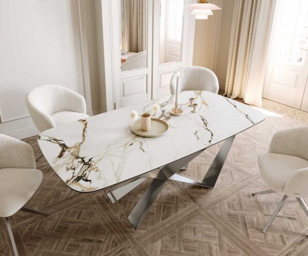 Jídelní stůl Edge lodě tvarovaný keramický Calacatta Luxe bílá-zlatá-šedá 200x100 spider plochý nerezový ocelový - Image 5