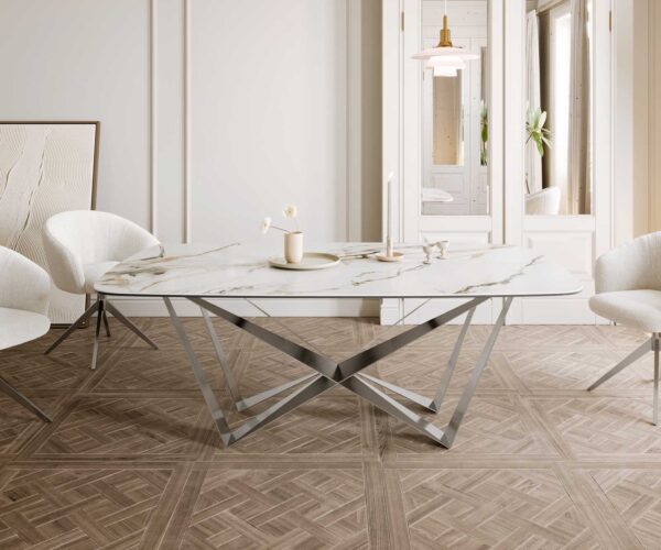 Jídelní stůl Edge lodě tvarovaný keramický Calacatta Luxe bílá-zlatá-šedá 200x100 spider plochý nerezový ocelový - Image 2