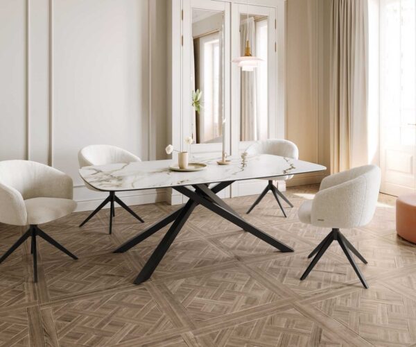 Jídelní stůl Edge lodní tvar keramika Calacatta Luxe bílá-zlatá-šedá 200x100 křížová kovová černá - Image 7