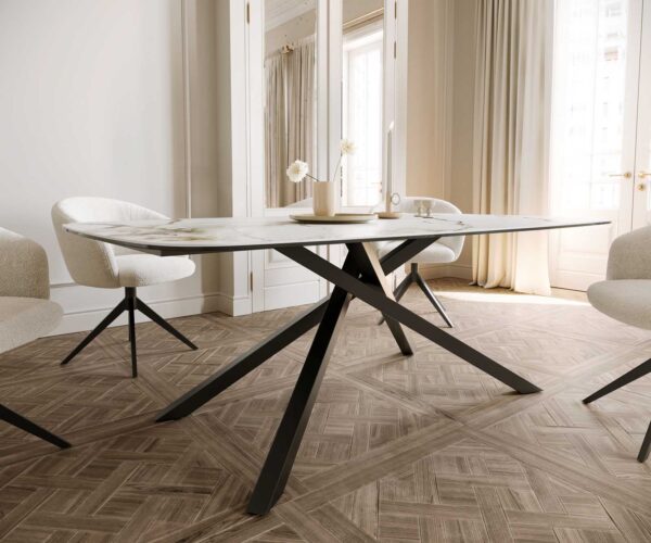 Jídelní stůl Edge lodní tvar keramika Calacatta Luxe bílá-zlatá-šedá 200x100 křížová kovová černá - Image 6