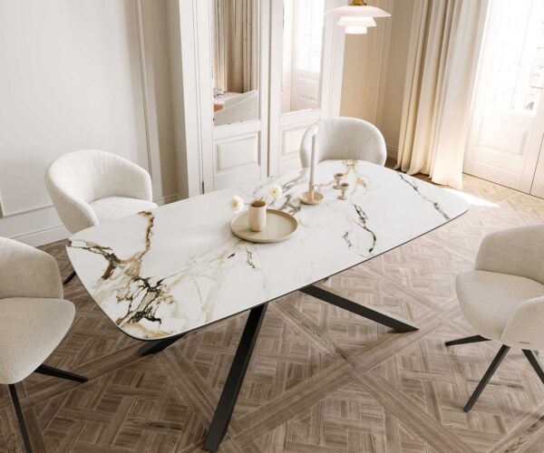 Jídelní stůl Edge lodní tvar keramika Calacatta Luxe bílá-zlatá-šedá 200x100 křížová kovová černá - Image 5