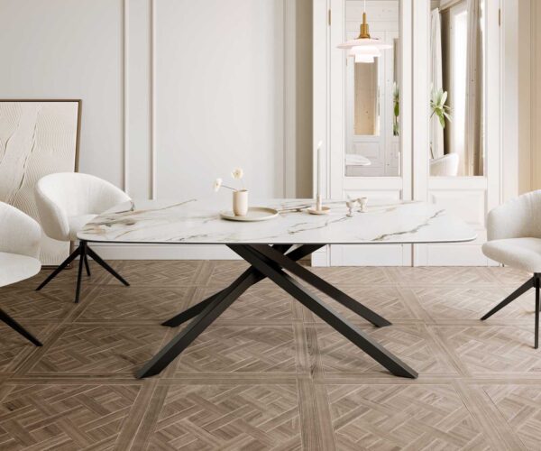 Jídelní stůl Edge lodní tvar keramika Calacatta Luxe bílá-zlatá-šedá 200x100 křížová kovová černá - Image 2
